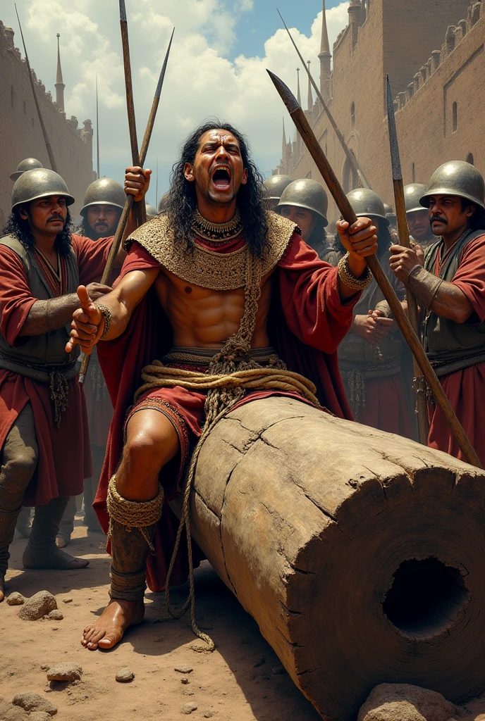 Atahualpa tied to a log surrounded by the Spaniards shouts