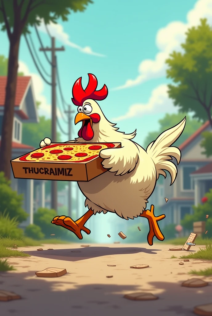 Chicken running away with a pizza box 
