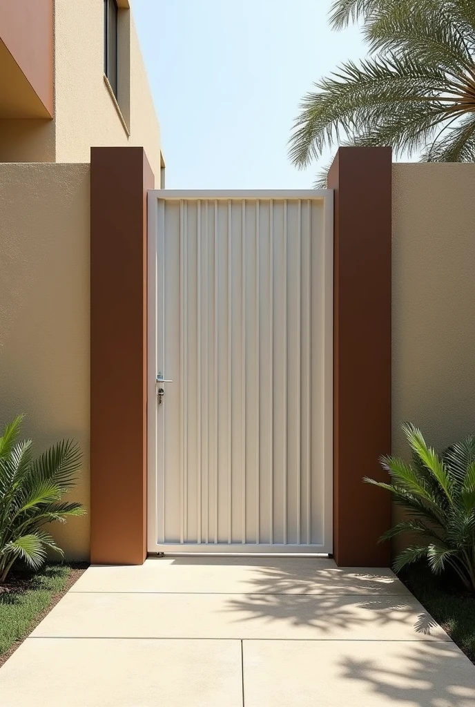 I have a 40-meter linear wall with a metal social gate painted white. (gate all closed, no air passage) and side and top columns painted in monkey brown, I need examples of designers for the wall, It has a thick roughcast texture painted in sand color, Give me photos of how I can improve the wall to make it more beautiful