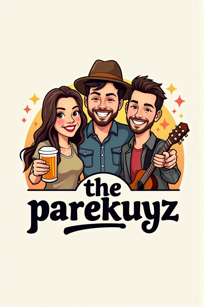logo of three friends, one is holding a glass of beer with a hat and the other is holding a guitar and below the logo is the lettering the parekuyz