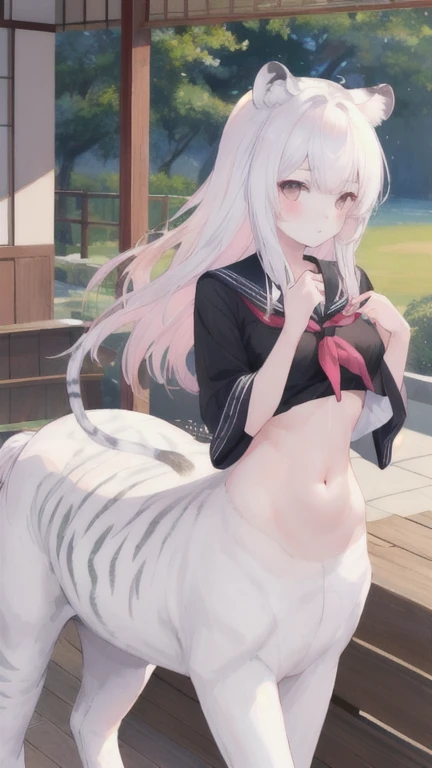 (best quality, masterpiece), 1 girl, centaur, I beg, White skin, Japanese schoolgirl,daughter,black pink, exposing the abdomen, belly button t-shirt , 아름다운 소녀 perfect white tiger photo, perfect white tiger photo