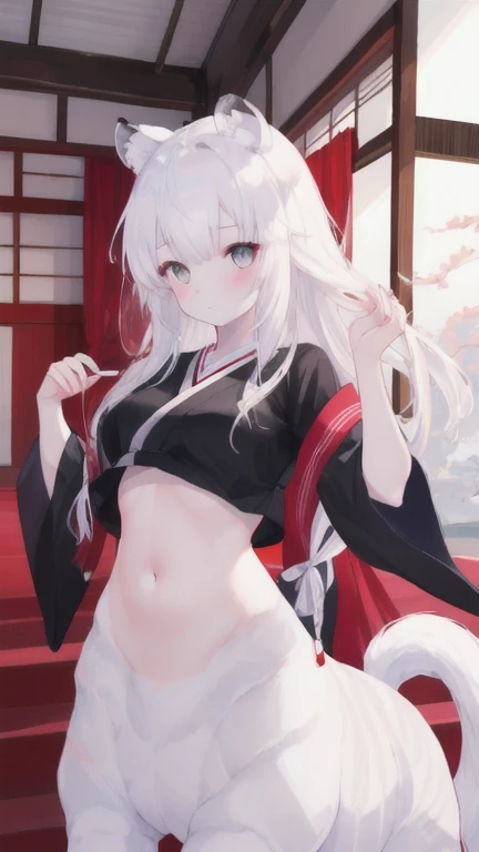 (best quality, masterpiece), 1 girl, centaur, I beg, White skin, Japanese schoolgirl,daughter,black pink, exposing the abdomen, belly button t-shirt , 아름다운 소녀 perfect white tiger photo, perfect white tiger photo
