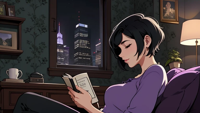Beautiful woman in her 30s with short black hair is sitting on the sofa. Looking down, eyes closed, LOFI girl, alone in the room, blouse, cozy wallpaper, big cushion, bookshelf, relaxing mood, night core, cozy, wide glass window with skyscrapers, outside view at night, only five fingers, purple wall, Holding a book in hand,