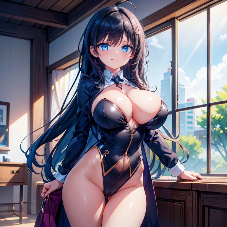 Anime Waifu beautiful detailed eyes, beautiful detailed lips, extremely detailed eyes and face, longeyelashes, 1girl, sensual, young woman, medium breasts, beautiful feminine face, nice thighs, slim, sexy, erotic, beautiful clothes, perfect body, cinematic lighting and framing, (best quality,4k,8k,highres,masterpiece:1.2),ultra-detailed,digital painting,portrait,glamorous,highly detailed,soft lighting,warm color tones One Girl、Big Breasts、Black Hair、Long Hair、Straight Hair、Ahoge、high school student、smile、Dark blue eyes、Blazer