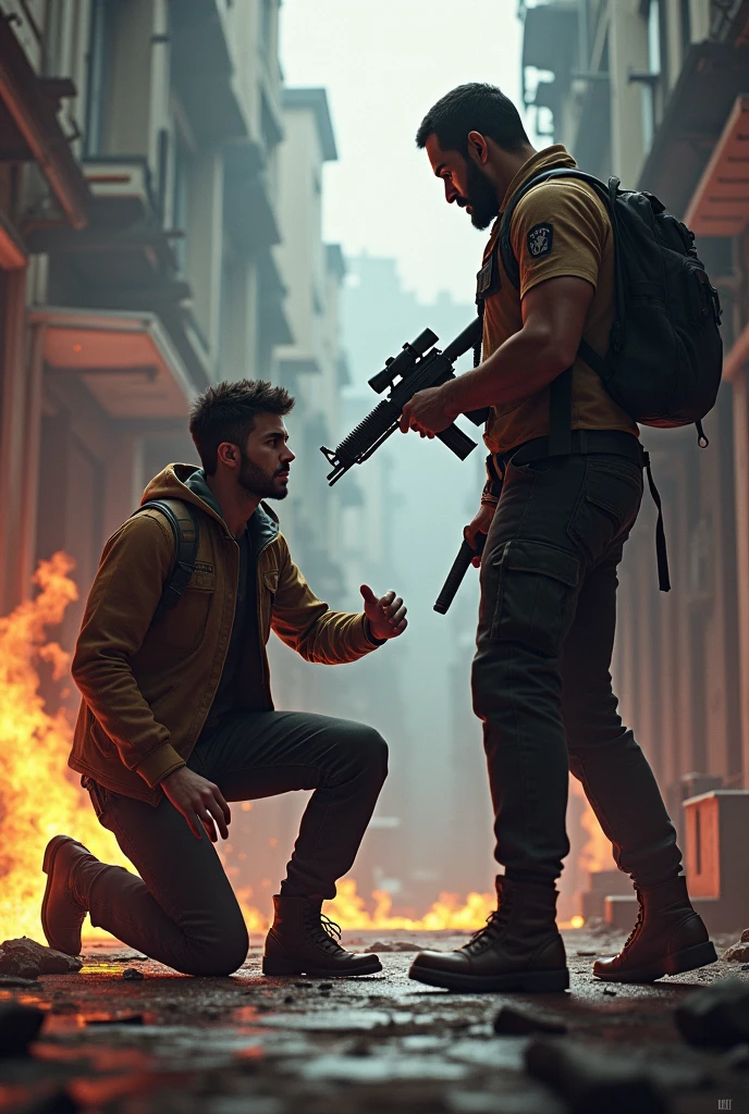 Create an image of a Free Fire character named Adam on his knees in an action scene. Adam is on the ground, while another character is standing, pointing a gun at him. The environment is dynamic and full of tension, with a visual style that reflects the intensity of the moment.
