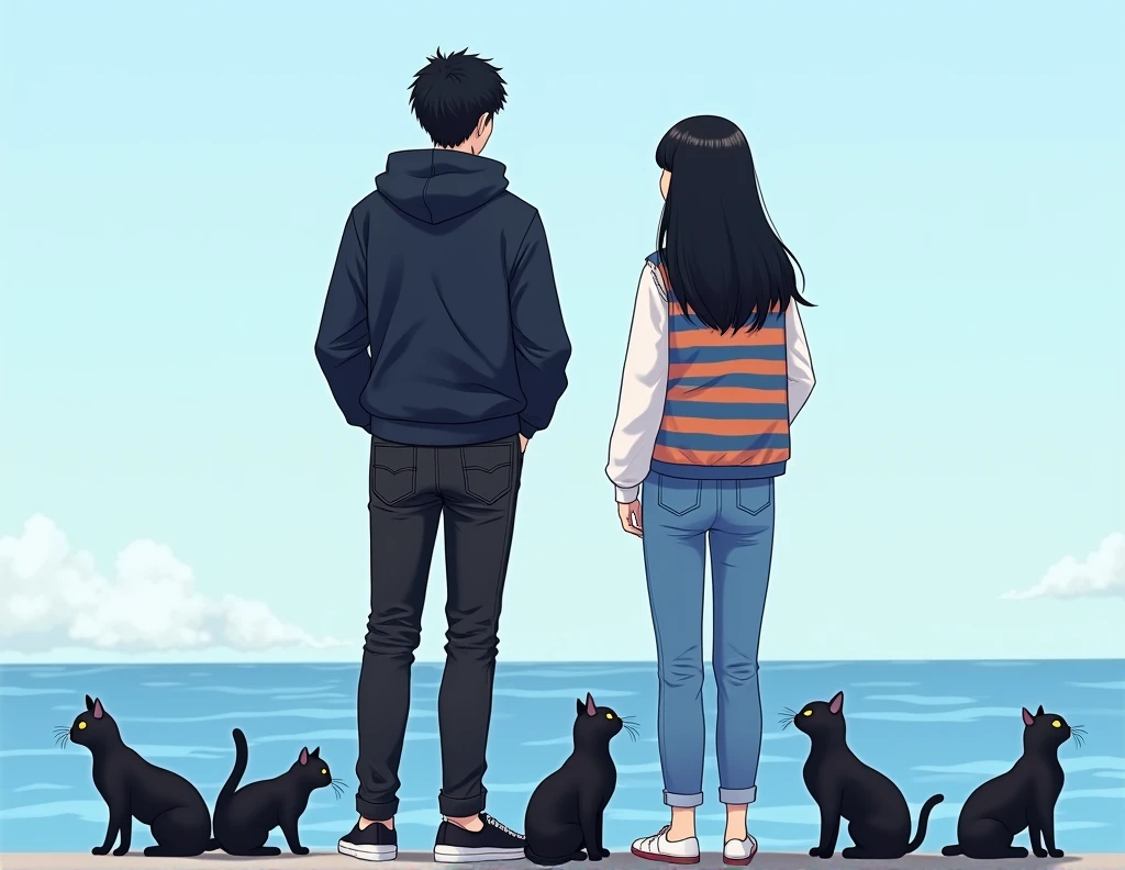 A tall adult man with black hair in the kpop idol style, korean traits, White skin y vestido con jeans negros, un gorro negro y un poleron junto a una mujer adulta con korean traits de cabello largo y negro al estilo de una idol de kpop, White skin, dressed in blue jeans and a blue and orange striped vest. Both standing next to each other without touching and looking at the sea,  along with the black cats in manhwa style