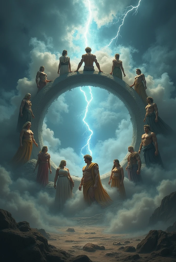 Circular frame with the gods of Olympus around, thunder and fog
