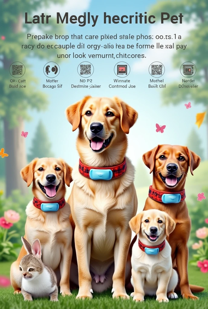 I need you to make a poster that is about: QR collars, for pets, that they have all kinds of sizes, for dogs, ferrets, cats, rabbits, even hamster