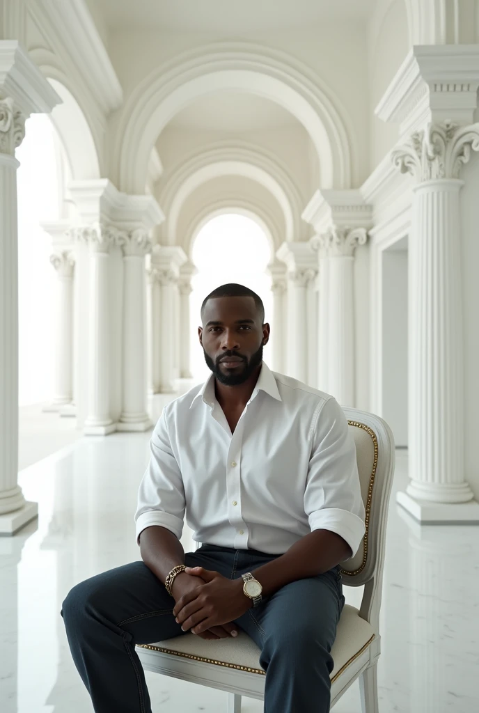 Black man. Brown skin. Dressed in white shirt and black jeans. Sitting in an African mansion. The mansion is covered entirely in white. Ultra high quality
