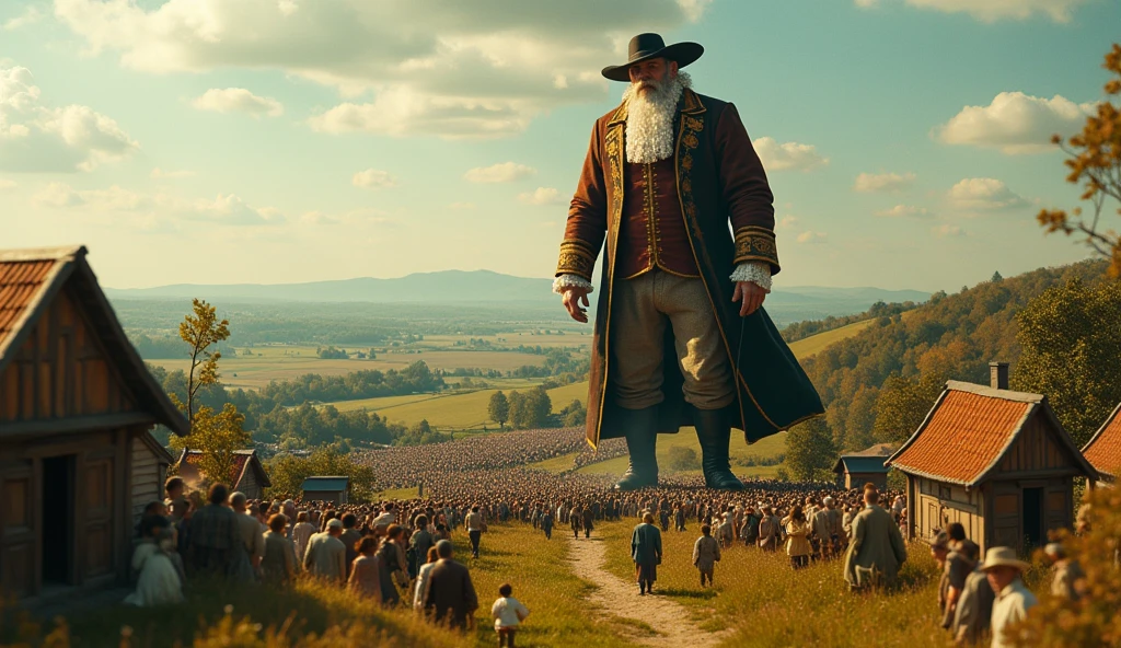 Fantastical photography of a giant man, dressed in 18th-century attire, being led by dozens of tiny people, full body shot showing scale, in a miniature village with detailed tiny buildings and farmlands, under bright daylight, shot from a high angle to emphasize size difference, captured on a high-resolution digital camera with a wide-angle lens, (forced perspective:1.3), (hyper-detailed:1.2), in the style of (Terry Gilliam:1.4)