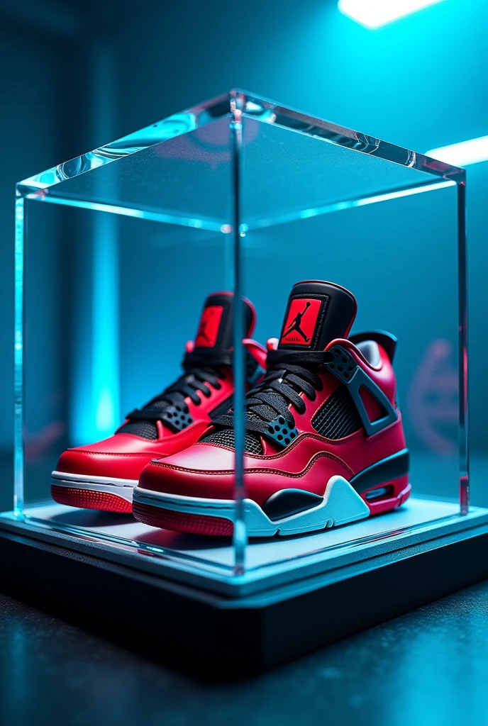 A close-up of a pair of red and black sneakers inside a glass capsule, "Air Jordan 4, Air Jordan 4 High, Uniform off , photo of sneakers, light black skin, blue claro, blue, focus only on sneakers, black color, Hyper realistic", Hyper realistic ", fan favorite, electric blue, 🕹️ 😎 🔫 🤖 🚬