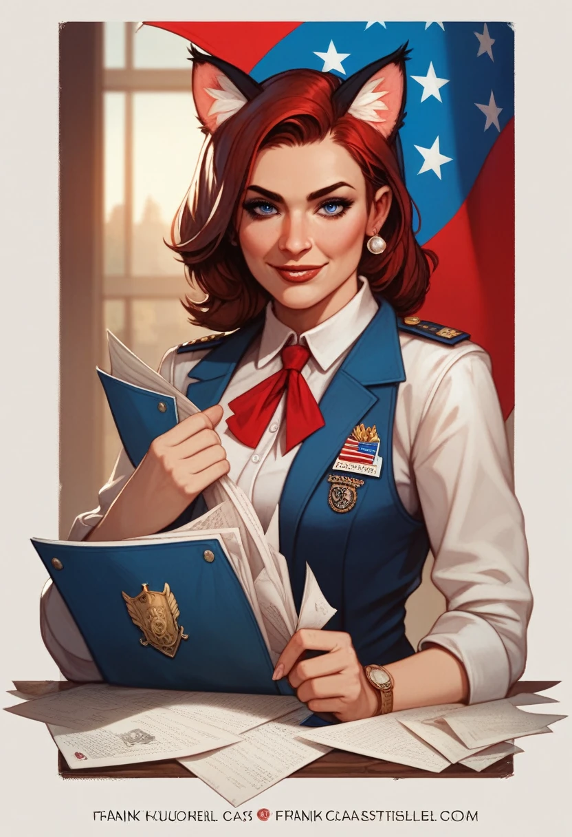 catbsolutism meowlitirastic style, 1girl, solo, by Frank Shepard Fairey, papers please, uniform, flag, inspiring, epic, professional poster art, animal ears, ideological, best quality, masterpiece