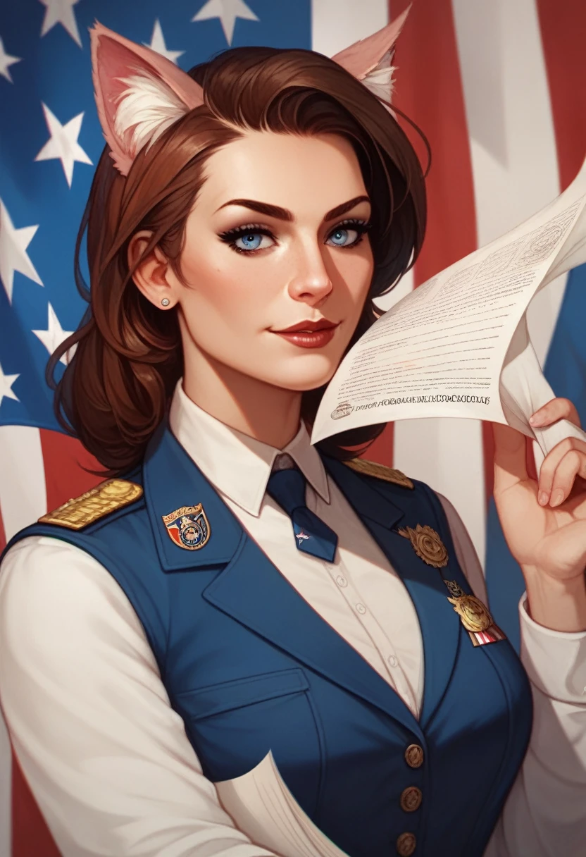 catbsolutism meowlitirastic style, 1girl, solo, by Frank Shepard Fairey, papers please, uniform, flag, inspiring, epic, professional poster art, animal ears, ideological, best quality, masterpiece