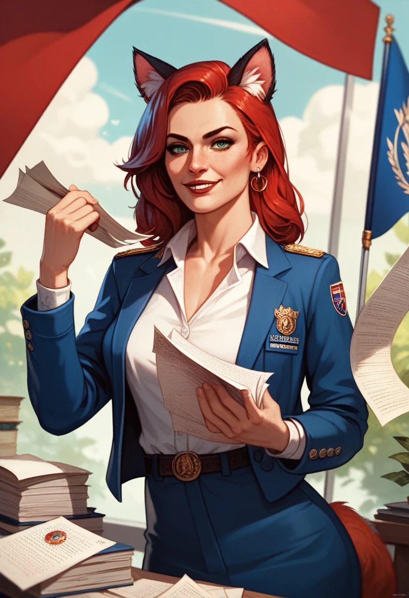 catbsolutism meowlitirastic style, 1girl, solo, by Frank Shepard Fairey, papers please, uniform, flag, inspiring, epic, professional poster art, animal ears, ideological, best quality, masterpiece