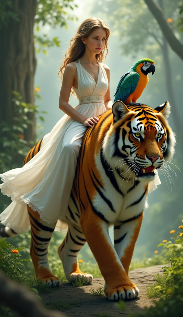 High resolution realistic image of a girl riding a tiger wearing a white dress with a parrot on her shoulder
