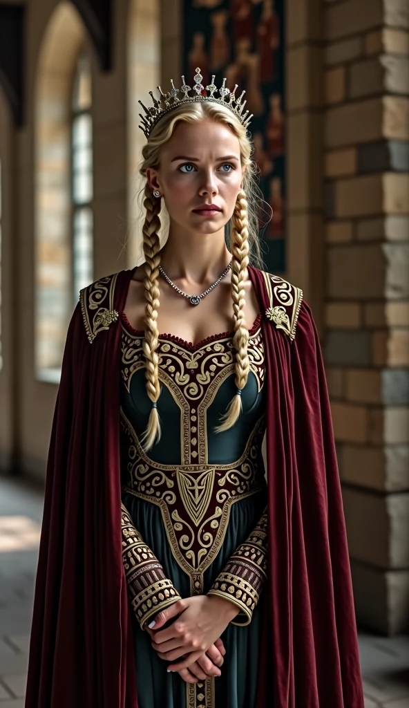 Emma of Normandy, a regal and poised queen with long, braided blonde hair, stands in the grand hall of a medieval castle; she is dressed in an elaborate 11th-century gown adorned with intricate gold embroidery, a long velvet cloak, and a jeweled crown; the scene is set during the early medieval period, with stone walls, high arched windows, and tapestries depicting royal scenes in the background; Emma's expression is somber as she gazes out over her court, torn between the weight of power and the sorrow of personal loss; in the background, courtiers and guards stand silently, observing her with a mix of respect and concern; the shot is a medium close-up, focusing on Emma's face and upper body, capturing both the intricate details of her attire and the emotional depth in her eyes; photo realism, cinematography. The camera lens size should be 200mm, aperture setting f/4.5, and ISO 1600. The medium should be color photography.