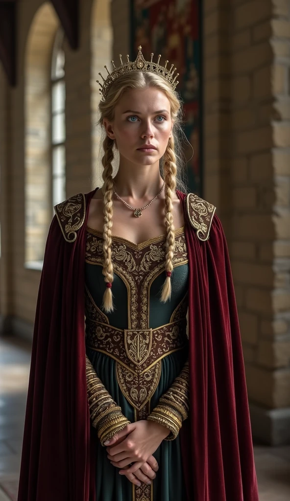 Emma of Normandy, a regal and poised queen with long, braided blonde hair, stands in the grand hall of a medieval castle; she is dressed in an elaborate 11th-century gown adorned with intricate gold embroidery, a long velvet cloak, and a jeweled crown; the scene is set during the early medieval period, with stone walls, high arched windows, and tapestries depicting royal scenes in the background; Emma's expression is somber as she gazes out over her court, torn between the weight of power and the sorrow of personal loss; in the background, courtiers and guards stand silently, observing her with a mix of respect and concern; the shot is a medium close-up, focusing on Emma's face and upper body, capturing both the intricate details of her attire and the emotional depth in her eyes; photo realism, cinematography. The camera lens size should be 200mm, aperture setting f/4.5, and ISO 1600. The medium should be color photography.