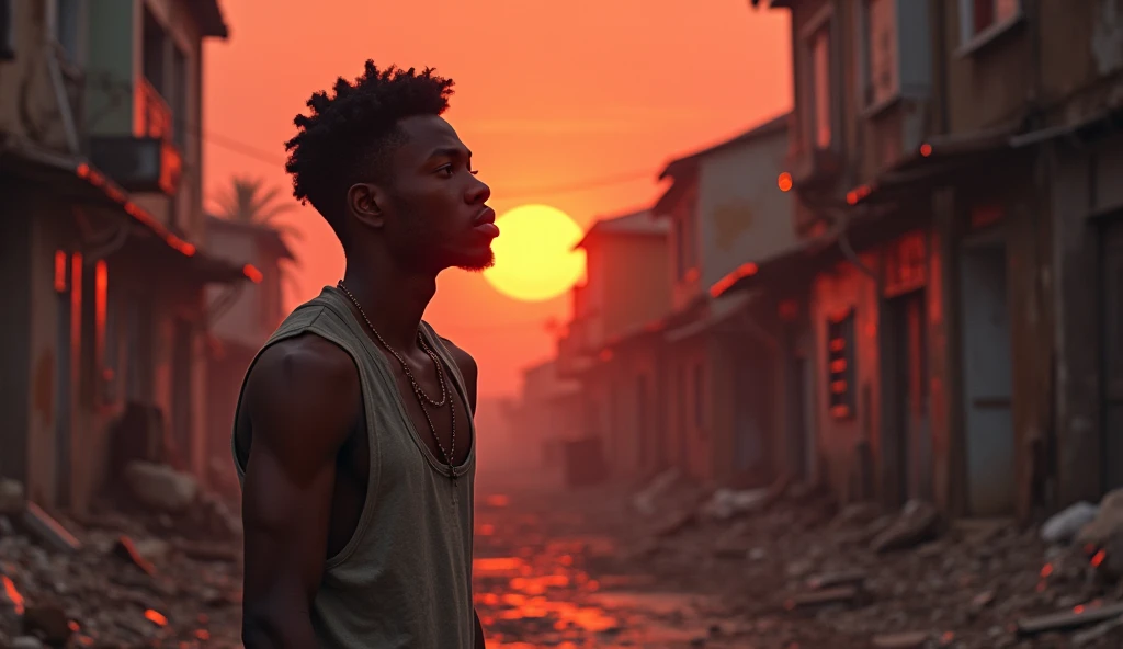 dans la rue de sont village miteux Assane un jeune homme noir pauvre regarde l'horizon avec un regard déterminé, his fists clenched. The setting sun casts a reddish light on his resolute face..