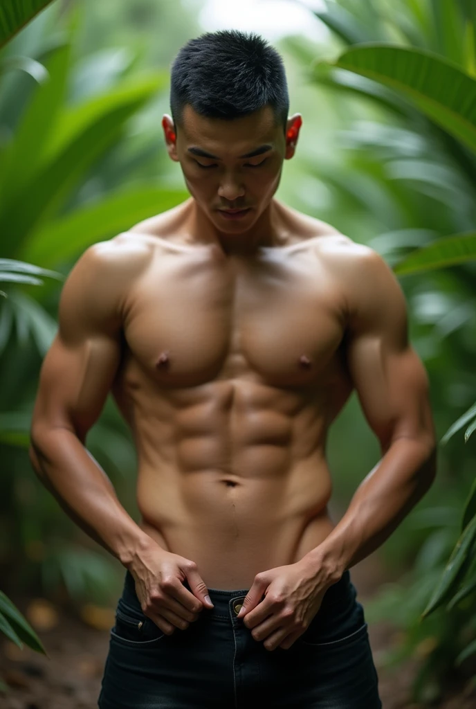 handsome asian man 1, short cropped hair,unzipping his pants wide,until his dick is visible,standing in a vast palm oil plantation.