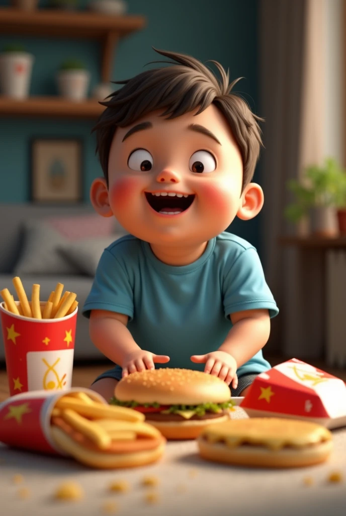 A boy wear short blue tshirt eat to much fast food and junk food at home 3d