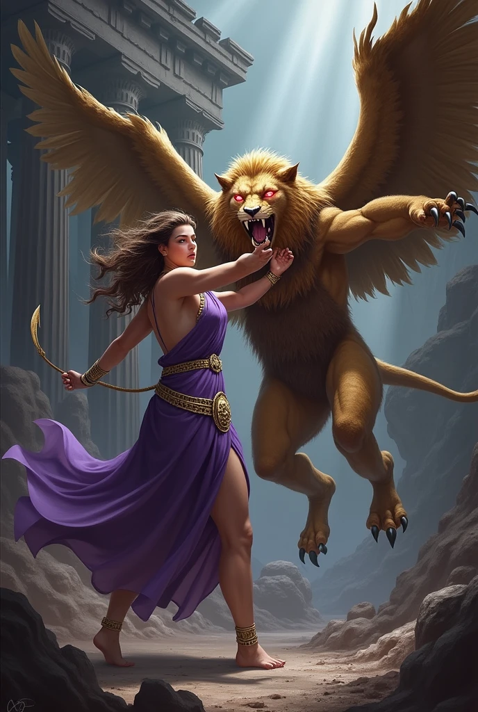 Create a lilith image with big, curious eyes, light brown hair and long purple Greek toga with golden belt and bracelets and fighting a manticore from Greek mythology. The creature must have the body of a mighty lion, covered in a golden coat, with muscular legs and sharp claws and LARGE WINGS LIKE A GRIFFIN&#39;S. The head should resemble that of a fierce human, with sharp teeth and a wild mane that blends in with the lion&#39;s fur. Your eyes should glow red, with a predatory look. The tail should be long and snake-like., ending in a venomous scorpion sting. The setting should be an ancient, dark forest., with a mystical and frightening atmosphere in an ancient Greek building 
