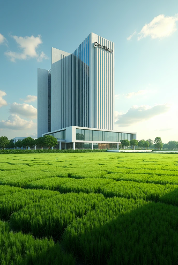 make an image of a building of a large billion-dollar company focused on selling seeds with the name "seeds of the field' put the company name in big letters with a field around the company