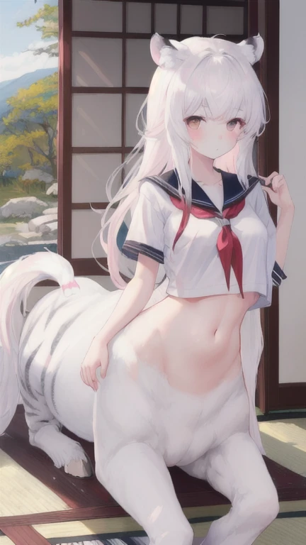 (best quality, masterpiece), 1 girl, centaur, I beg, White skin, Japanese schoolgirl,daughter,black pink, exposing the abdomen, belly button t-shirt , 아름다운 소녀 perfect white tiger photo, perfect white tiger photo