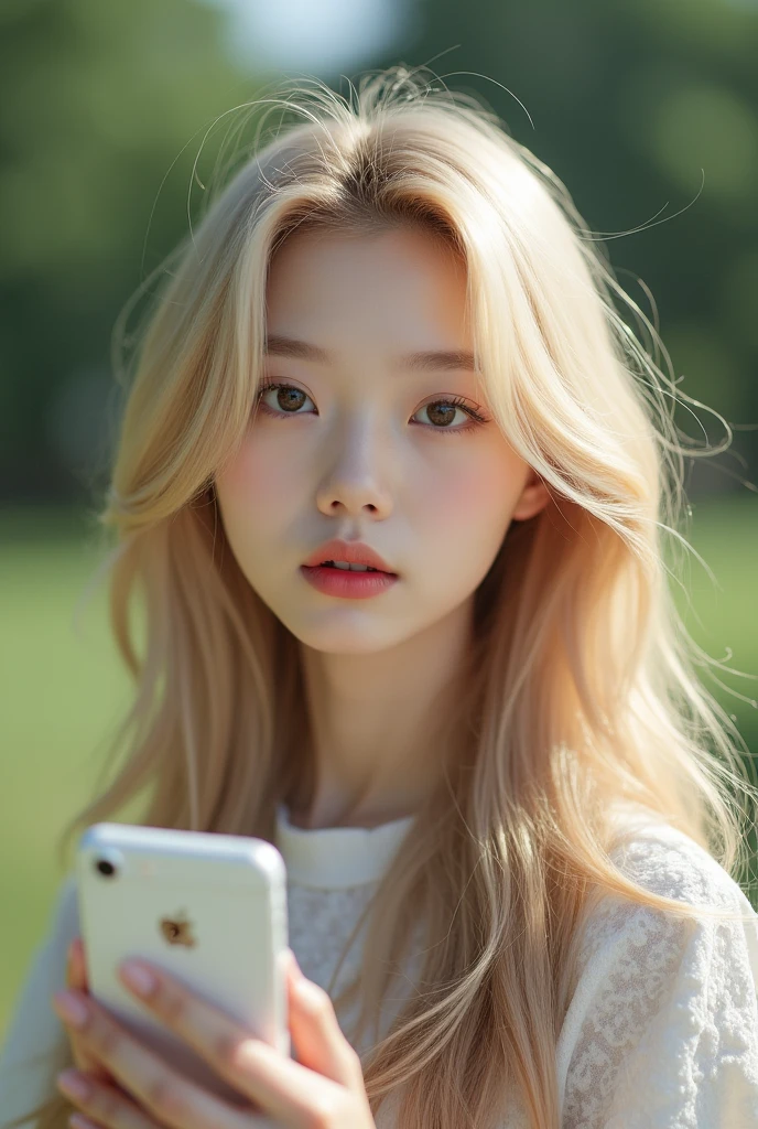 Blonde woman with long wavy hair holding a white mobile phone., Kim Petras's photo, Sur's popular maquillaje, Blackpink's Retrato, Blackpink's Parque Roseanne, ulzzang, Korea's popular maquillaje, cruel Korean goth girl, ava max, con el pelo largo y blanco, inspired by Yanjun Cheng, bella delfina, kim taejin has a mole just under her eye and slightly fair skin