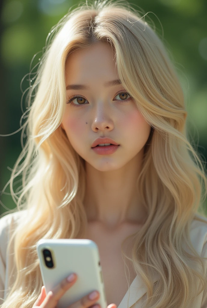 Blonde woman with long wavy hair holding a white mobile phone., Kim Petras's photo, Sur's popular maquillaje, Blackpink's Retrato, Blackpink's Parque Roseanne, ulzzang, Korea's popular maquillaje, cruel Korean goth girl, ava max, con el pelo largo y blanco, inspired by Yanjun Cheng, bella delfina, kim taejin has a mole just under her eye and slightly fair skin
