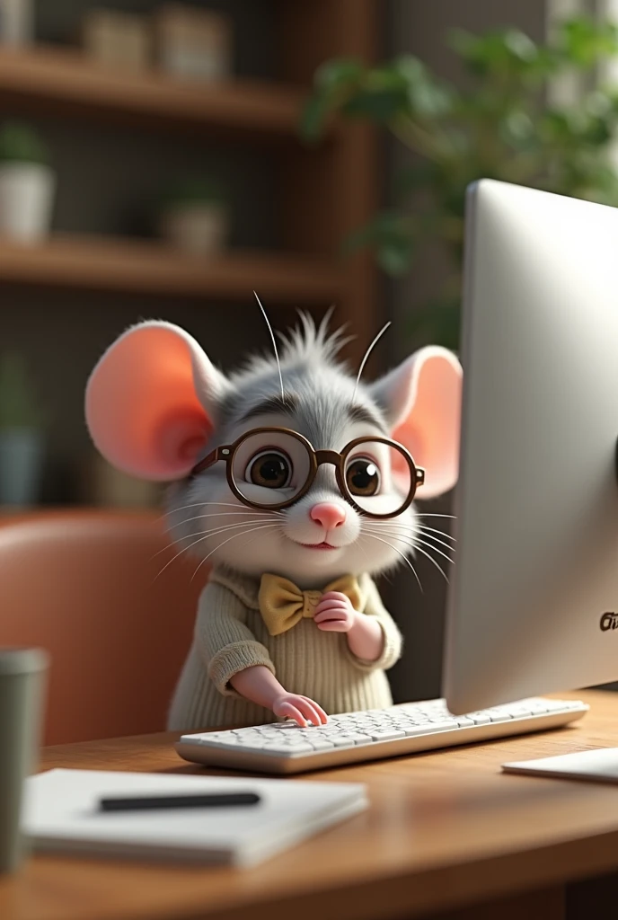 Cute mouse with glasses working on apple computer