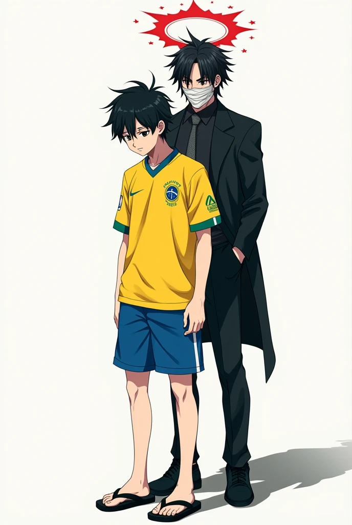 A pale anime man with a tired appearance, short messy black hair, tired black eyes with Japanese descent. Wearing a yellow and blue Brazilian shirt from the 2019 Olympics and typical Brazilian blue shorts, black havaianas flip flops, standing in front of a completely white background. Detailed with full 8k quality. A half-demon man behind him, black hair and skin, bandages around the neck, wearing a fancy suit, a red halo shaped like stars above the head.