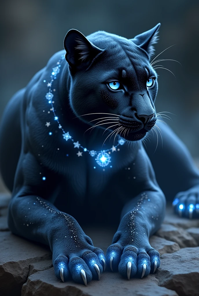 **name:** Seraphina, to Star Panther

**physical description:** Seraphina is a panther with deep black fur that shines with specks of starlight., as if it had absorbed the very essence of the cosmos. Her eyes are large and an ethereal blue, with a silvery glow that seems to reflect distant galaxies. She has a majestic presence, with sculpted muscles and a long, elegant tail that moves with an almost supernatural fluidity. Its paws are adorned with small luminous crystals that sparkle softly, and around his neck, she wears a necklace of stars that emits a soft, pulsating light. 

Seraphina exudes an air of mystery and serenity, as if always connected to a cosmic wisdom. When it moves, its fur seems to form ephemeral constellations that glow in the dark.