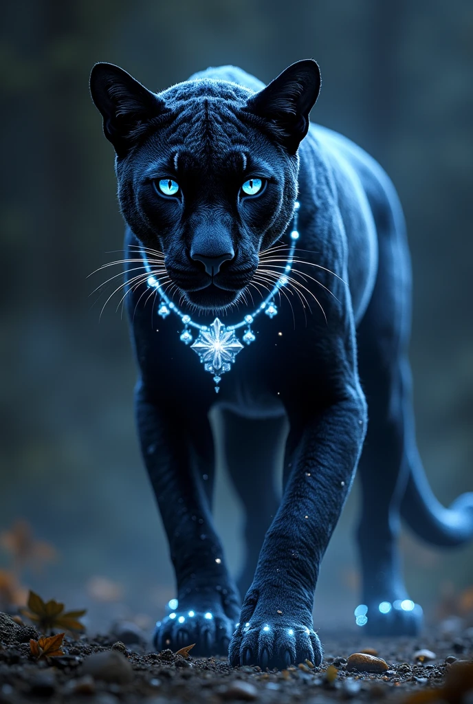 **name:** Seraphina, to Star Panther
**physical description:** Seraphina is a panther with deep black fur that shines with specks of starlight., as if it had absorbed the very essence of the cosmos. Her eyes are large and an ethereal blue, with a silvery glow that seems to reflect distant galaxies. She has a majestic presence, with sculpted muscles and a long, elegant tail that moves with an almost supernatural fluidity. Its paws are adorned with small luminous crystals that sparkle softly, and around his neck, she wears a necklace of stars that emits a soft, pulsating light.
Seraphina exudes an air of mystery and serenity, as if always connected to a cosmic wisdom. When it moves, its fur seems to form ephemeral constellations that glow in the dark.