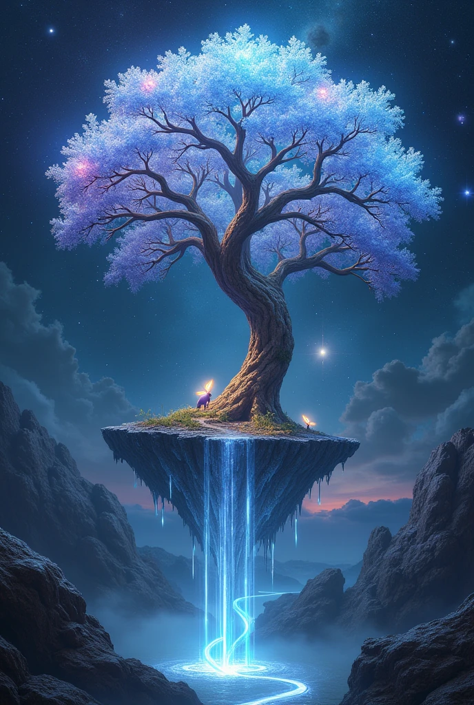 Imagine an enormous tree made entirely of shimmering crystal, its branches stretching high into the sky and reflecting the light like a prism. The tree is rooted in a floating island of black marble, suspended in space with stars and galaxies swirling around it. The leaves are composed of glowing, ethereal energy, shifting colors from deep blues to vibrant purples. Nestled among the branches are strange, bioluminescent creatures, unlike any known species, with translucent wings and radiant eyes. Below, a waterfall of liquid light cascades from the island, forming a river of luminescent mist that drifts into the cosmic void. The overall scene combines elements of fantasy, science fiction, and surrealism, evoking a sense of awe and wonder."