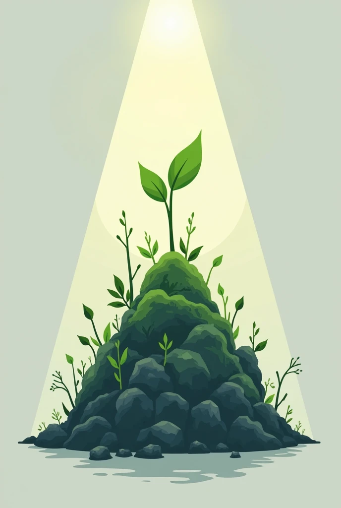 make a logo for a company like this: a plant growing in a pile of garbage and the plant at the top has a spotlight, that the image is 2d and minimalist