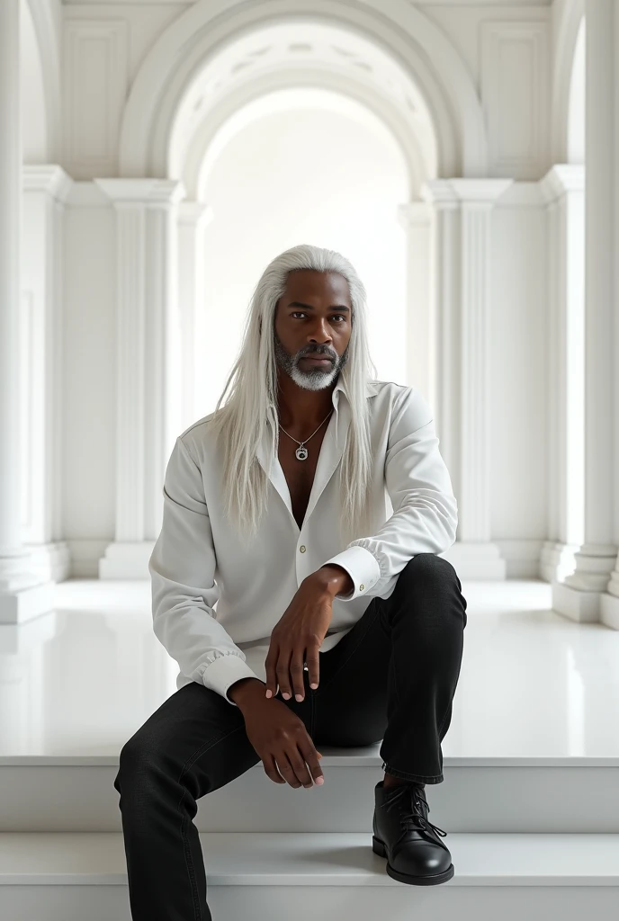 Black man. Brown skin. Long White hair. Dressed in white shirt and black jeans. Sitting in a mansion. The mansion is covered entirely in white. Ultra high quality