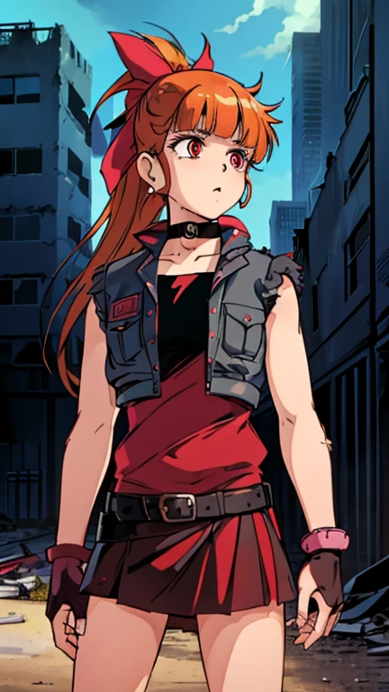 (Teens:1girl: ppgzbs), (extremely detailed CG unit 8k wallpaper),(master part), (best quality), (ultra detail), (best illustration),(post-apocalypic_fashion), cowboy shot, (Sharp eyeliner, ombre, detailed eyes:1), post- apocalypic abandoned building background, ,break , (HNKstyle), upper body, standing, red eyes, long hair, ponytail, hair bow, blunt bangs, earrings, black choker,
