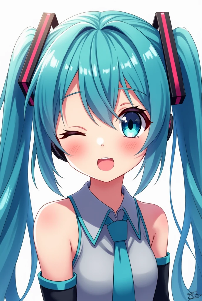 A anime girl with blue pigtails who is a singer named miku and make her winking