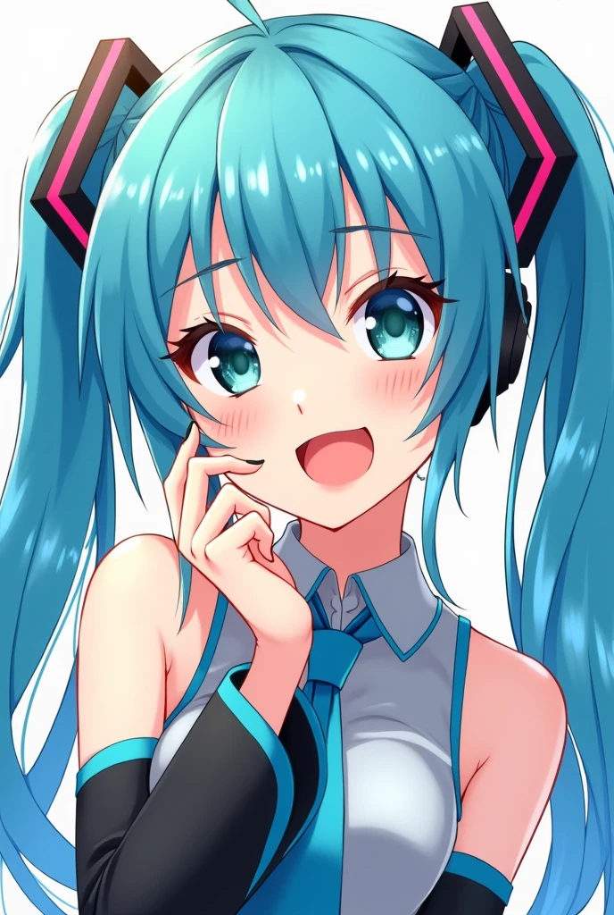 A anime girl with blue pigtails who is a singer named miku and make her winking
