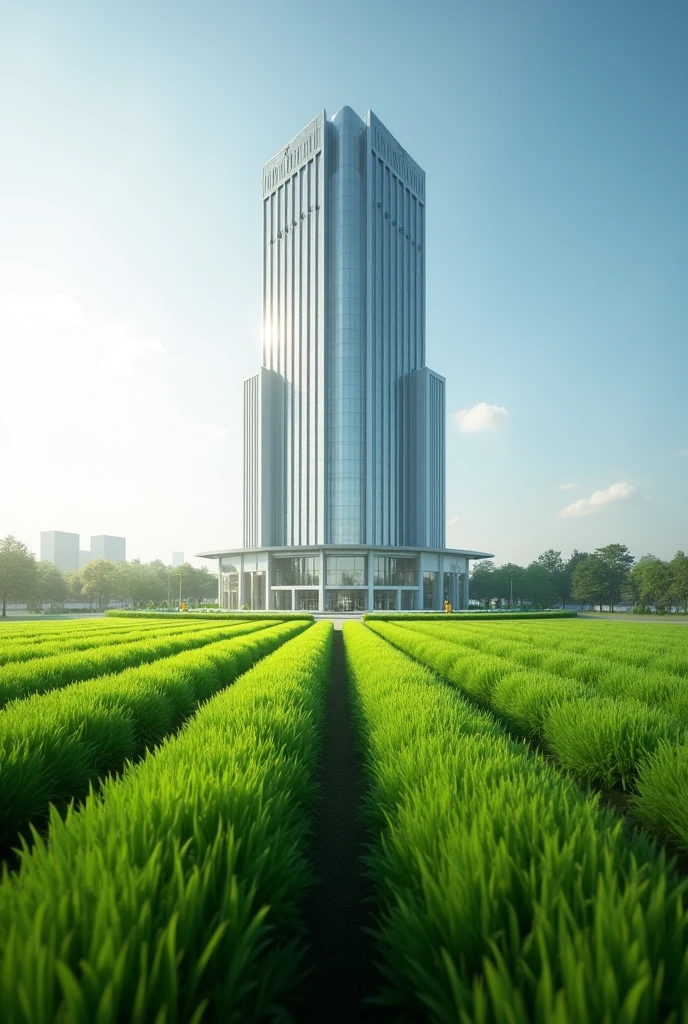make an image of a building of a large billion-dollar company focused on selling seeds with the name "seeds of the field' put the company name in big letters with a field around the company