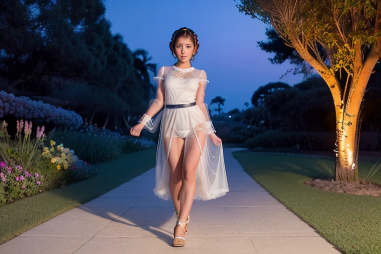 A cute Yuna (princess Leia cosplay, iconic hairdo, airy sheer white dress, no underwear, sandals) is strolling through an exotic flower garden, moonlit night
