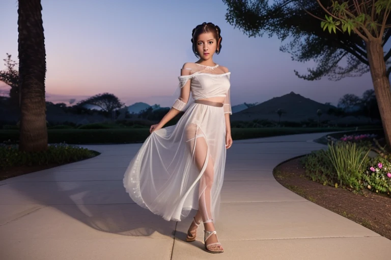 A cute Yuna (princess Leia cosplay, iconic hairdo, airy sheer white dress, no underwear, sandals) is strolling through an exotic flower garden, moonlit night
