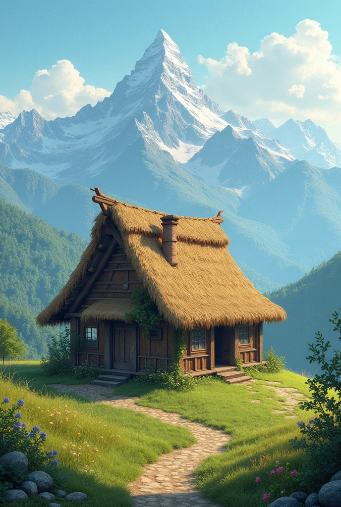 Thatched roof without walls on hill with mountain in background