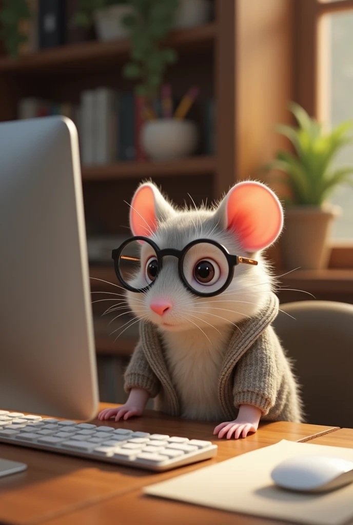 Cute mouse with glasses working on apple computer