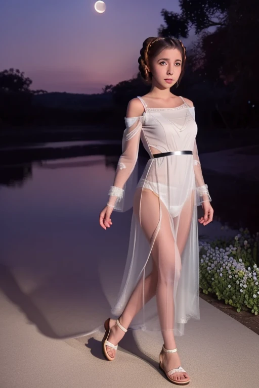 A cute Yuna (princess Leia cosplay, iconic hairdo, airy sheer white dress, no underwear, sandals) is strolling through an exotic flower garden, moonlit night
