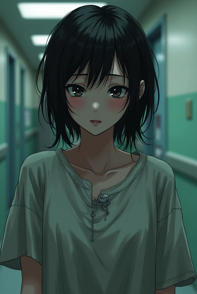A young woman with an easily dejected expression, eyes watering, badly dressed, Messy black hair, not in very good health, waiting for care at the hospital.