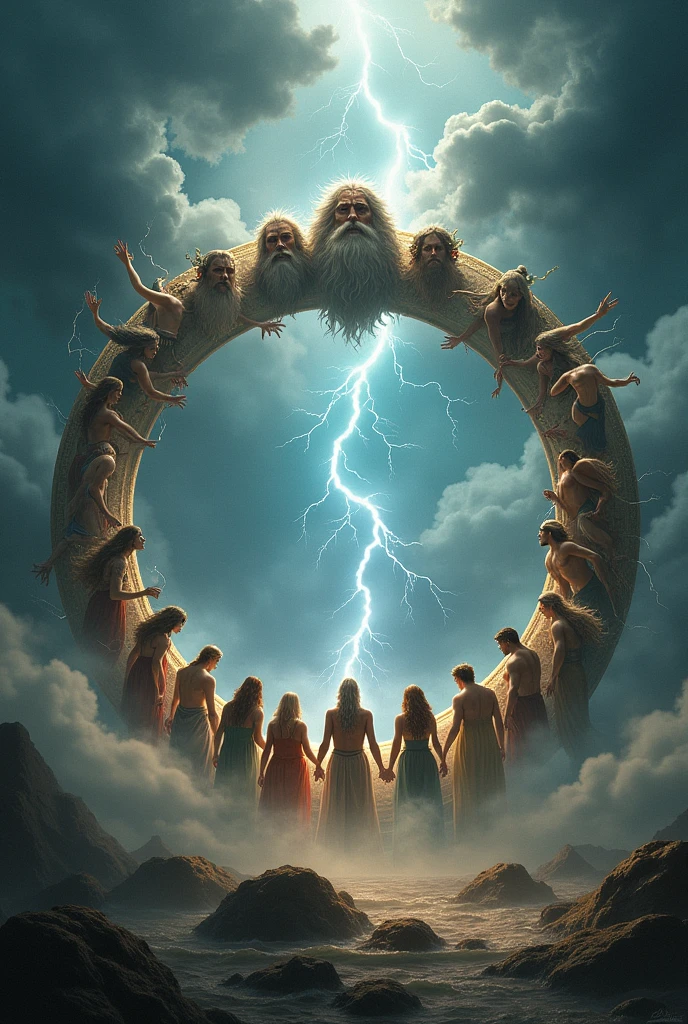 Circular frame with the gods of Olympus around, thunder and fog
