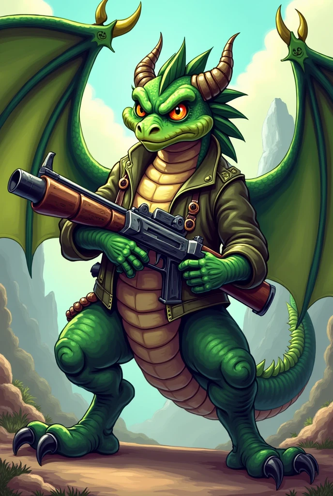 A  dragon with gun in green and dark green color by sos factory cartoon and also wear cloths



