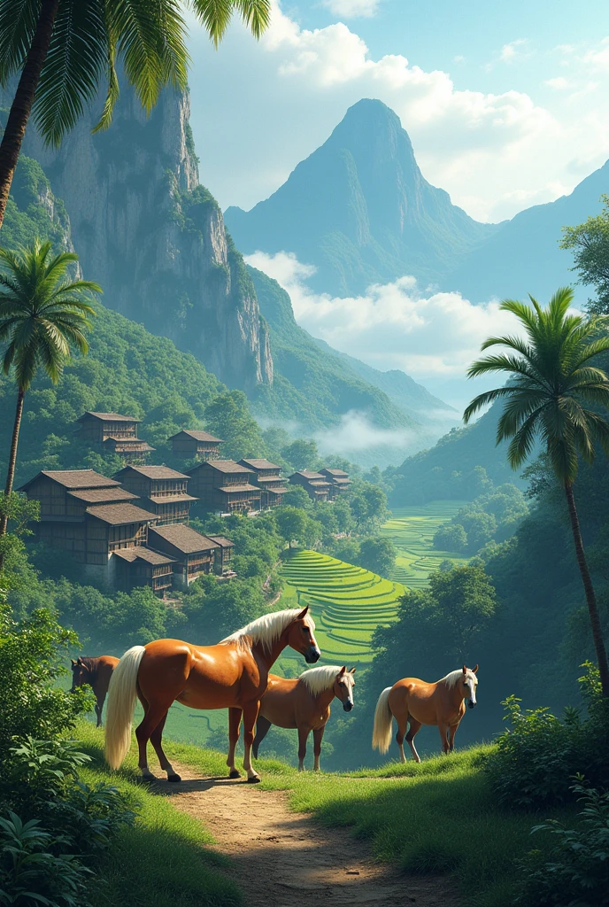 Some horses in village in the jangle top of the mountain

