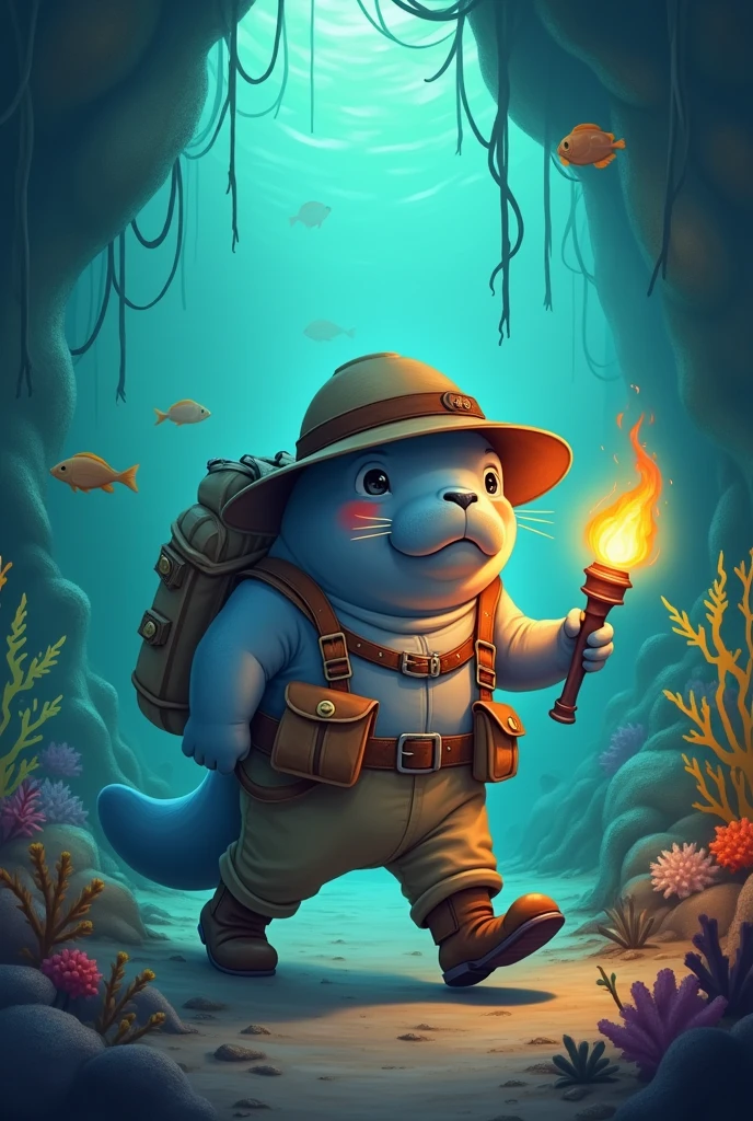 A 2D manatee in an explorer&#39;s outfit with a torch in his hand 